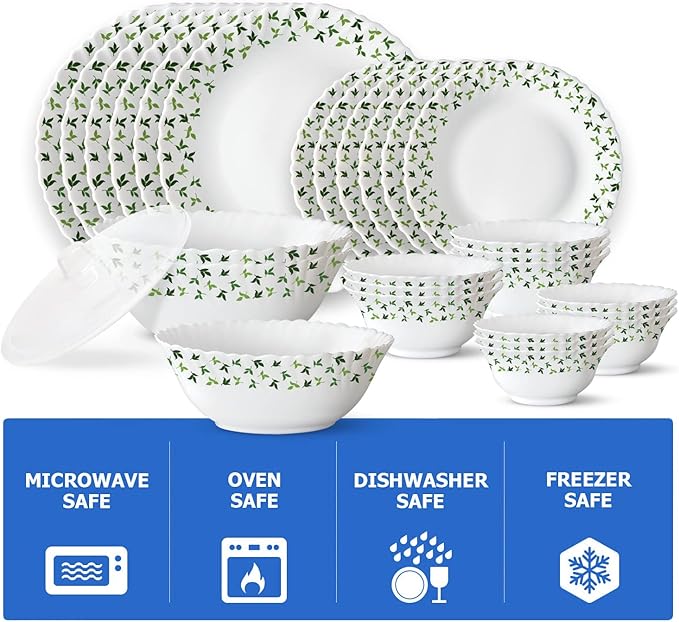 Borosil Gourmet Dinnerware Set For 6, 35 Pieces, White Dinner Plates and Bowls Sets, Chip Resistant Tempered Opal Glass, Stain Resistant, Dishwasher & Microwave Safe Dinner Set For Gifting, Serves 6