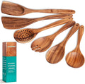 Wooden Spoons for Cooking, Teak Wood Kitchen Utensil Set, Premium Handmade Wooden Utensils for Nonstick Cookware, Heat Resistant, Smooth Finish, Comfortable Grip, 6 Piece