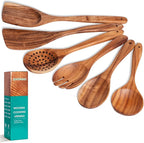 Wooden Spoons for Cooking, Teak Wood Kitchen Utensil Set, Premium Handmade Wooden Utensils for Nonstick Cookware, Heat Resistant, Smooth Finish, Comfortable Grip, 6 Piece