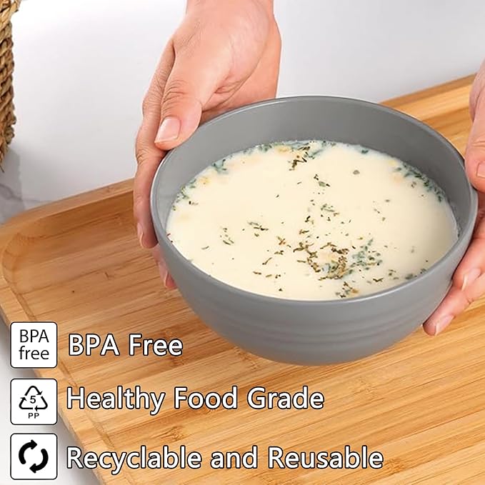 Unbreakable Wheat Straw Cereal Bowls Set of 4, 24 OZ Microwave and Dishwasher Safe Lightweight Soup and Salad Bowl Sets, Reusable Dessert Bowls for Rice, Pasta, Snack, Fruit, BPA Free (Gray)