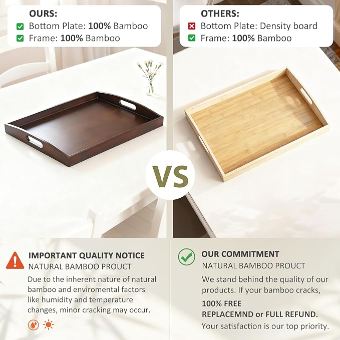 Bamboo Serving Tray with Handles, Set of 2 Large Wood ServingTrays for Food & Coffee, Elegant Wooden Tray for Breakfast in Bed, Kitchen & Party & Entertaining - Black Walnut Finish
