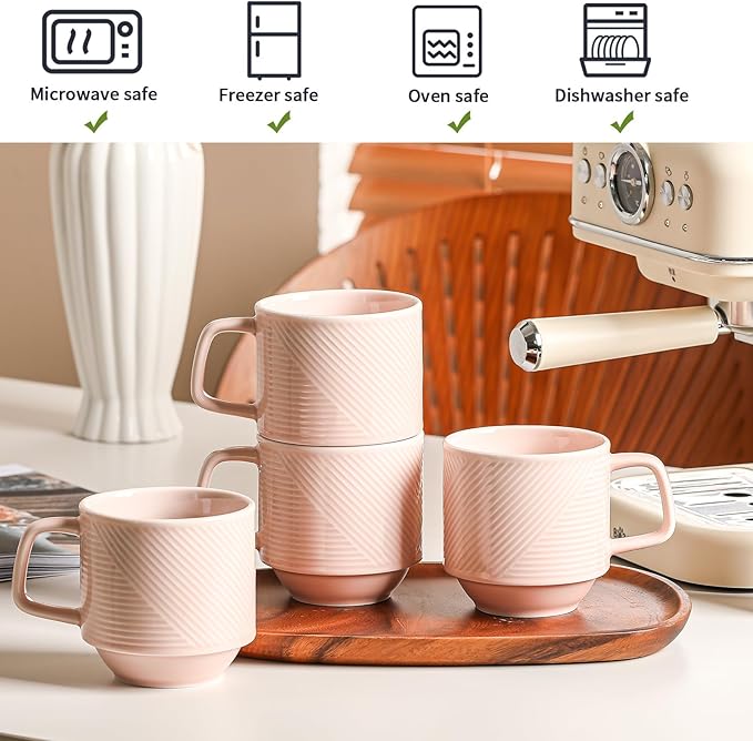 Stackable Coffee Mugs Set: 13 oz Ceramic Stacking Cups for Cappuccino Latte Tea - Microwave Safe Mug for Home & Office - 4 PCS, Pink