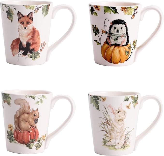 Bico Woodland Critters Ceramic Mugs, Set of 4, for Coffee, Tea, Drinks, Microwave & Dishwasher Safe