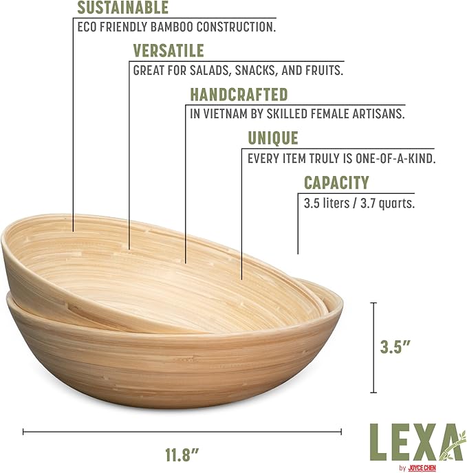 LEXA 12" Handmade Bamboo Salad Bowl – 130 oz Large Wooden Fruit Bowl for Kitchen Counter, Natural Bamboo, Pack of 2
