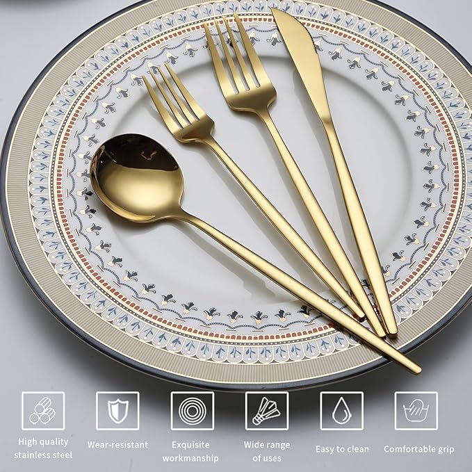Evanda Gold Silverware Set 64 Piece Service for 16, Titanium Gold Plated Stainless Steel Flatware Set, Knives Forks Spoons Cutlery Set for Wedding, Parties, Birthday, Restauroom, Dishwasher Safe