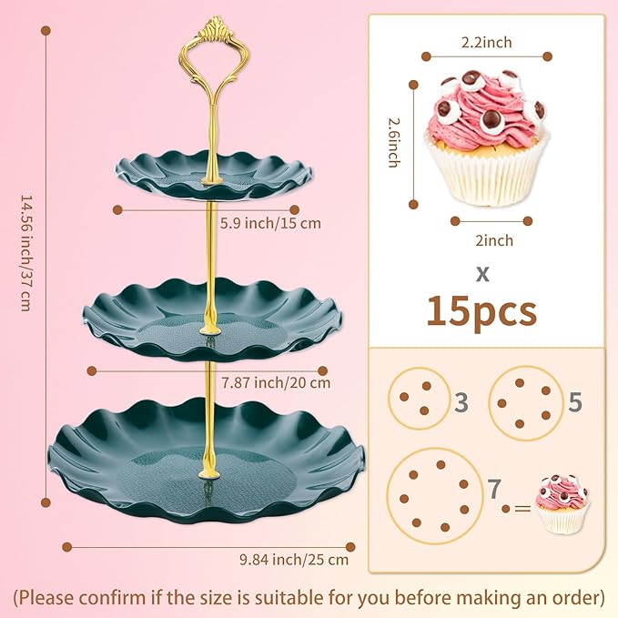 BACUTHY 3 Tier Cupcake Stand Holder, Plastic Cup Cake Stand Tower with Tiered Serving Tray for Cupcakes, Donuts, Fruits and More (Green)