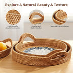 Mothers Day Gifts Set – 3 Handwoven Rattan Trays with Natural Shell Inlay, Boho Decorative Wicker Serving & Coffee Table Trays with Handles for Home Decor, Candles, Snacks & Holiday Entertaining