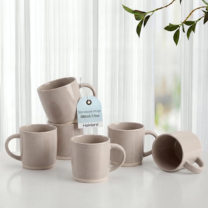 HaWare 13OZ Coffee Mugs Set of 6, Stoneware Coffee Cups, Ceramic Latte Mug for Man, Woman, Dad, Mom, Modern Tea Mugs for Latte/Cappuccino/Cocoa/Milk, Dishwasher& Microwave Safe, Speckled Cream Coffee