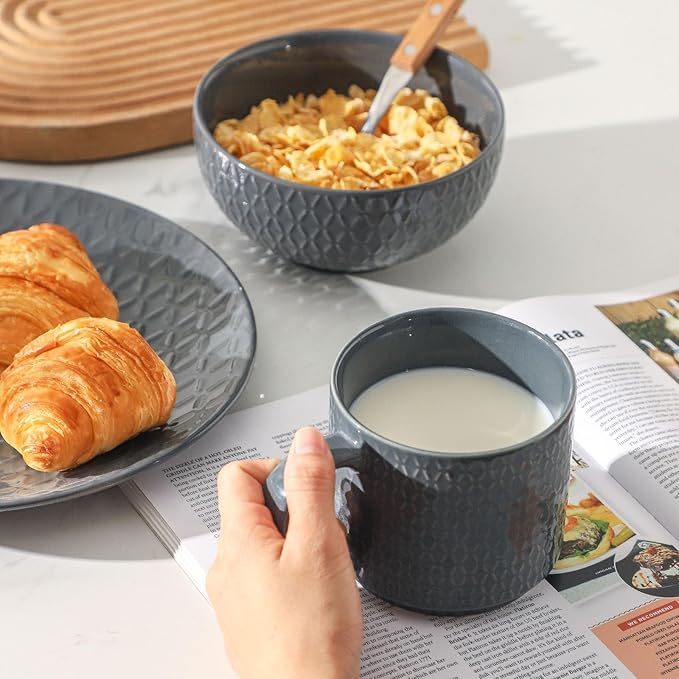 HASENSE Cereal Bowls Set of 4, 26 OZ Ceramic Soup Bowls,Stoneware Porcelain Cereal Bowls for Soup, Cereal, Oatmeal, Fruit, Salad, Embossed Pattern, Cereal Bowls for Kitchen & Home, Gray