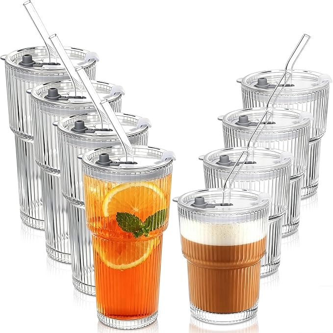 Ribbed Drinking Glasses with Lids & Straws, Leak-Proof 20oz and 15oz Glass Cups, 8PCS Glass Tumblers, Ideal for Home, Office, Outdoor Use