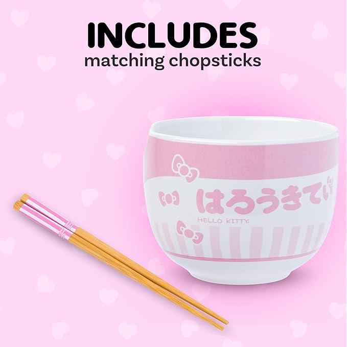 Silver Buffalo Sanrio Hello Kitty Pink Stripes Ceramic Ramen Bowl with Chopsticks, 20 Ounces