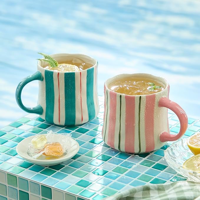 Striped Ceramic Coffee Mugs Set of 2, Pink and Green Stackable Stoneware Mugs for Morning Coffee, Tea & Cocoa, 12oz Dishwasher & Microwave Safe Mug Gift Set for Home & Office