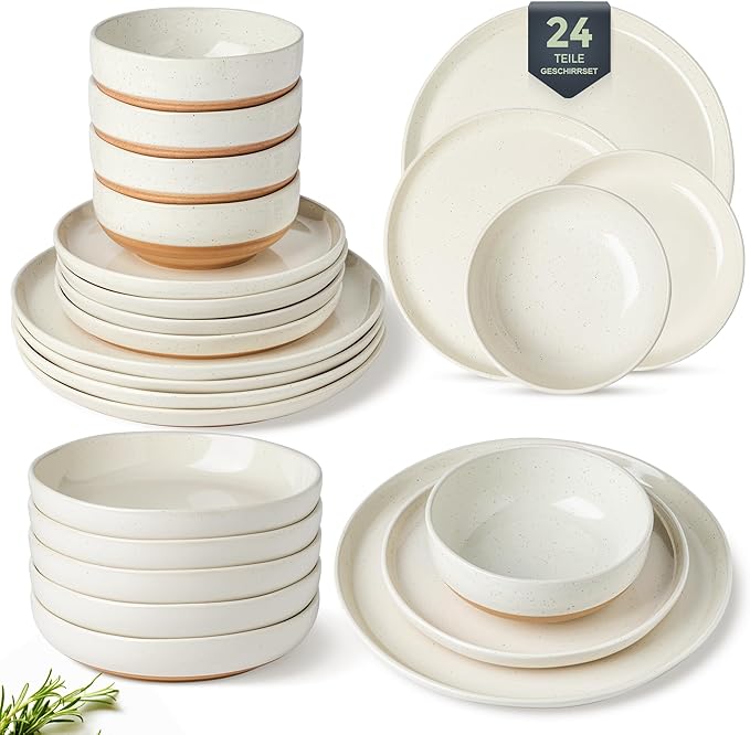 GBHOME 24-Piece Ceramic Dinnerware Set for 6, Handpainted Plates, Pasta Bowls & Bowls Set with Rustic Terracotta Underside, Scratch-Resistant, Dishwasher & Microwave Safe,Speckled Glaze Beige