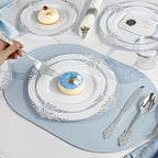 Bestluck 350PCS Silver Plastic Plates for 50 Guests, Disposable Dinnerware Sets Include 100 Silver Rim Plastic Plates, 50 Silverware, 50 Pre Rolled Napkins for Party, Wedding & Decor