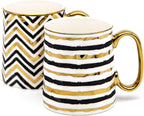 KooK Coffee Mugs, Coffee Mug Set, Black and Gold Cups, Porcelain, Tea Cups with Handles, Geometric Design with Metallic Gold Accents, 14.8 oz, Black and Gold, Set of 2
