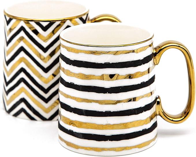 KooK Coffee Mugs, Coffee Mug Set, Black and Gold Cups, Porcelain, Tea Cups with Handles, Geometric Design with Metallic Gold Accents, 14.8 oz, Black and Gold, Set of 2