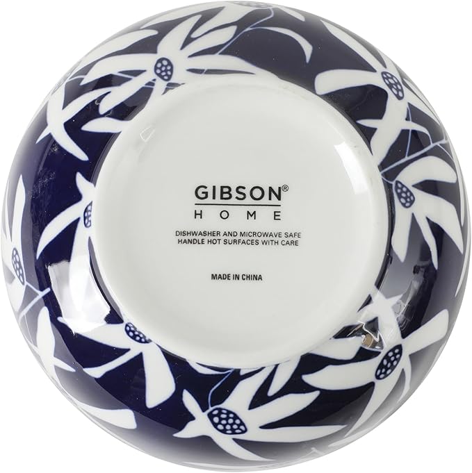 Gibson Home Ivory Estate 4-Piece Cereal Bowl Set, 5.5 Inch Round Stoneware Bowls, Blue & White Floral Pattern, Assorted Decorative Designs