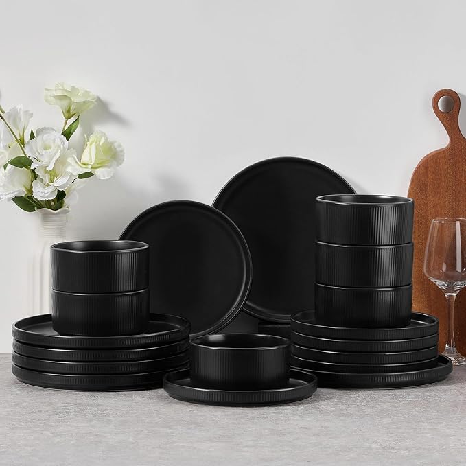E-far Stoneware Dinnerware Sets for 2, 6-Piece Plates and Bowls Sets, Chip & Scratch Resistant Ribbed Dish Set for Home Restaurant, Microwave & Dishwasher Safe, Matte Black