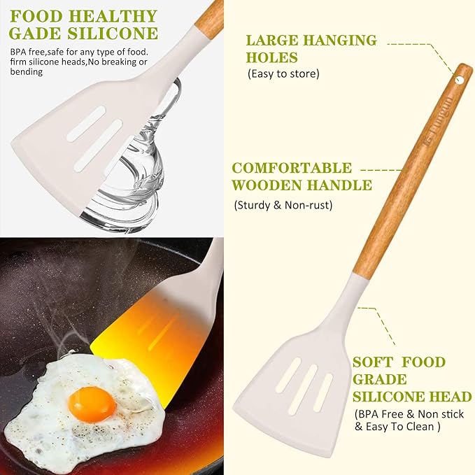 Kitchen Cooking Utensil Set, Fungun 35 pcs Cooking Utensils - Nonstick Kitchen Utensils Cookware Set Spatula Set -Kitchen Gadgets Utensils Set, Kitchen Tools Gift-khaki