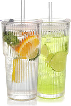 Set of 2 Ribbed Glass Tumbler with Lids and Straws, 20oz Vintage Clear Glass cups, Large capacity, Unbreakable, Fluted Design, Ideal for Travel, Iced Coffee,Smoothie, Tea, Latte, Gift