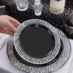 NOCCUR 210PCS Black and Silver Dinnerware Set for 30 Guests - Black Plastic Plates with Silver Rim Include 30 Dinner / 30 Dessert Plates, 30 Prewrapped Silverware, 30 Cups Ideal for Party/Graduation