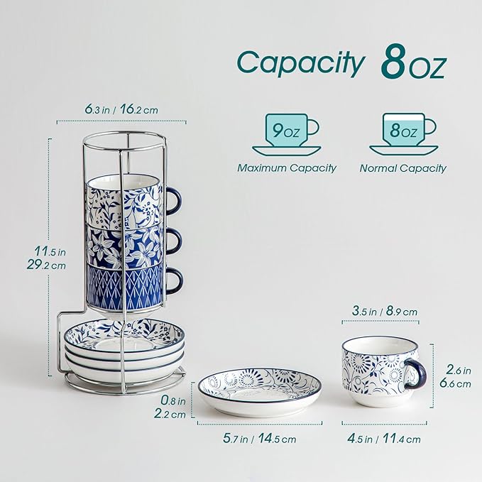 vancasso 8OZ Stackable Cappuccino Cups, Porcelain Espresso Cups with Saucers and Metal Stand Set of 4, Classic Printed Tea Cup Set for Coffee Drinks, Latte, Series SELENE (Vintage Blue, 8 Ounce)