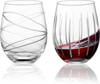 Joeyan Hand Blown Etched Stemless Wine Glasses for Red Wine,Large Carved Drinking Glass Cups Tumblers with Strips Swirls Pattern for Wedding Anniversary Party Home,Set of 2, 17.5 oz, Dishwasher Safe