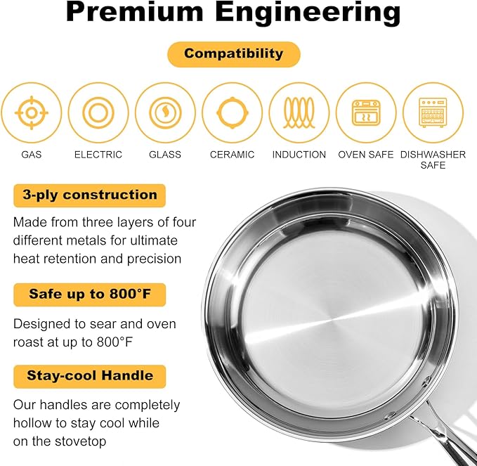 Stainless Steel Pan，Non-Toxic PFAS, PFOA & PTFE Free, Compatible With All Cooktops & Induction Safe, Oven Safe Pan for Searing & Sautéing, Long Lasting Cookware. (10 Inch)