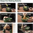 Matcha Whisk Set, Ceramic Matcha Kit Set Includes Matcha Bowl, Matcha Whisk and Holder, Bamboo Scoop and Spoon, Scoop Rest, Sifter and Tea Towel - 8 Pcs Matcha Kit for Matcha Lovers, Green