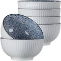 Houlu 6 in Small Japanese Bowls Set of 6, Versatile 30 oz Blue and White Porcelain Bowls for Soup, Cereal, Salad, Desserts, and Side Dishes - Floral Pattern