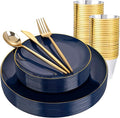 bUCLA 150PCS Blue and Gold Plastic Plates - 25 Guests Navy Blue Plastic Dinnerware Disposable for Party and Graduation - Include 25 Dinner/Dessert Plates, 25 Knives, 25 Forks, 25 Spoons, 25 Cups