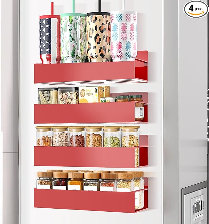 Magnetic Spice Rack for Refrigerator Seasoning Organizer for Spice Fridge Shelf storage Magnetic Shelf with Hook for Oven(6pack) (4Pack-red)