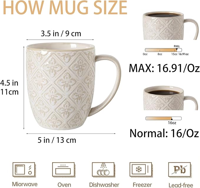 Coffee Mugs 16 Oz, Ceramic Coffee Mugs Set of 4, Large Embossment Cups for Latte, Cocoa, Tea, Mocha, Cappuccino, Dishwasher Safe, Housewarming Wedding Gifts, 3.5 x 4.5 inch, Vintage White