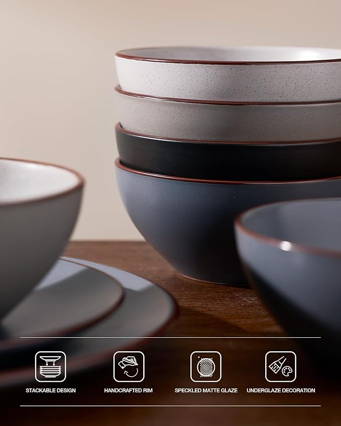 Famiware Venus Speckled Dinnerware Set with Pasta Bowls for 4 (16 Pieces), Stoneware Plates and Double Bowls, Assorted Colors - Microwave & Dishwasher Safe Dishes with Trim for Everyday & Formal Use
