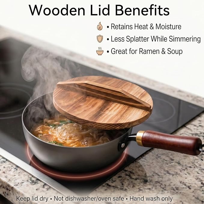 Carbon Steel Wok Pan with Wooden Lid, 7.8-Inch (1.6QT) Small Wok, Cold-Forged Flat Bottom Stir Fry Pan, Coating-Free, Induction Ready, for Eggs, Ramen, Soup & Oatmeal