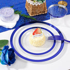 Liacere 350PCS Blue Plastic Plates - Clear with Blue Trim for 50Guests Dinnerware Include 100 Clear Plates disposable 150 Silverware 50Napkins for Wedding ＆ Graduation & Memorial Day