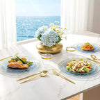 N9R 180 PCS Disposable Dinnerware Set with Gold Rim Blue Plastic Plates for 30 Guests, Include 30 Dinner Plates, 30 Dessert Plates, 30 Cups, 90 Heavy Duty Gold Plastic Silverware for Party & Wedding