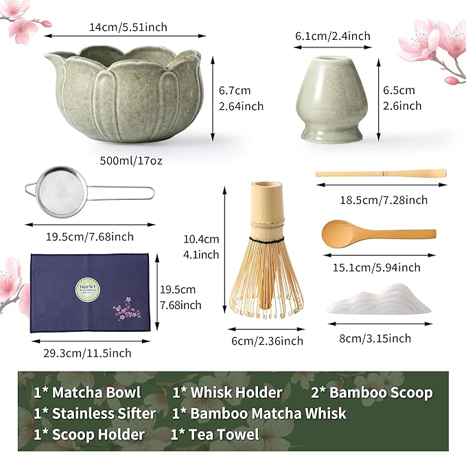 Matcha Whisk Set, Ceramic Matcha Set 8 Pcs, Matcha Kit Set Includes Matcha Bowl, Matcha Whisk and Holder, Bamboo Scoop and Rest, Sifter and Tea Towel, Ideal Gift for Family/Friend (Cyan)