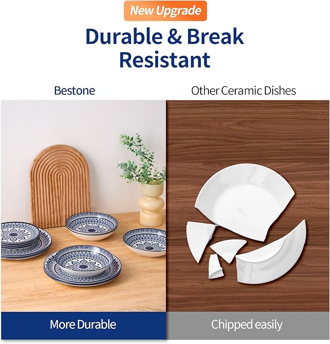 Bestone 12 Piece Round Kitchen Dinnerware Sets,Plates and Bowls sets,Dishes, Plates, Bowls, Dish Set，Plates and Bowls,Service for 4, Chip Resistant Porcelain ， Blue
