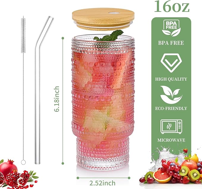16oz Glass Cups with Lids and Straws, 2 Pack Vintage Drinking Glasses Tumblers Polka Dot Iced Coffee Cups for Kitchen, Home, Office, Gifts