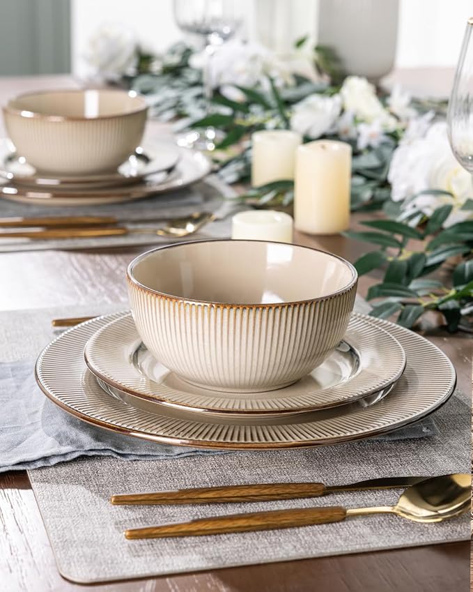 GBHOME Ceramic Dinnerware Sets,12 pcs Embossed Elegant Stoneware Plates and Bowls Sets, Housewarming Wedding Gift | Dishwasher & Microwave Safe | Dishes Set Service for 6