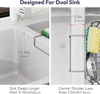 SWTYMIKI Sponge Holder for Kitchen Sink - Movable Sink Caddy with Smiley Face Sponge Holder, Rustproof Hanging Sponge Organizer in Double Bowl Sinks Depth>3.15in, Middle Divider<1.5in, Sand Nickel