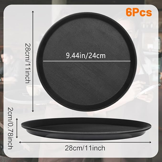 Mwellewm 6 Pieces Restaurant Serving Tray, Non Slip Surface Round Tray Plastic Food Meals Server with Raised Edges for Home, Kitchen, Restaurant, Cafeteria, Bar, Hotel (Black, 6 Pcs 11 Inch)