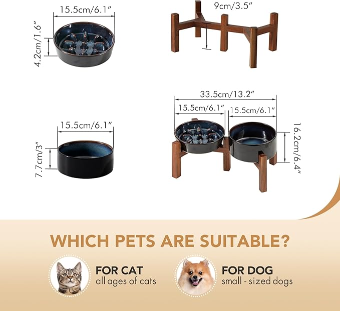 Havniva Ceramic 0.9 Cup Raised Slow Feeder Dog Food and Water Bowl Set, Elevated 6.1inch Bowl and 6.1inch Dish with Acacia Wood Stand for Small Dogs (2 x Starry Sky+ Stand)