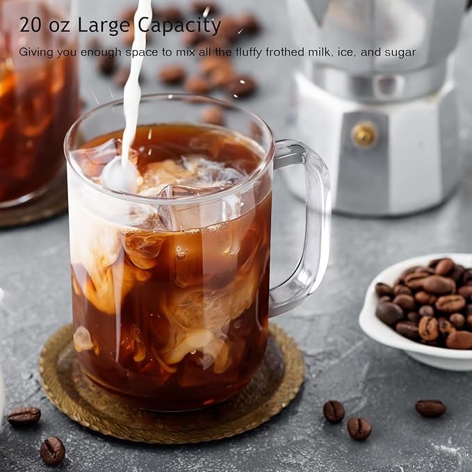 Glass Coffee Mugs, 20 oz Ice Coffee Cups Set of 6, Large Clear Tea Cups, Glass Mugs with Handles for Hot Beverages, Glass Cups for Latte, Cappuccino, and Tea