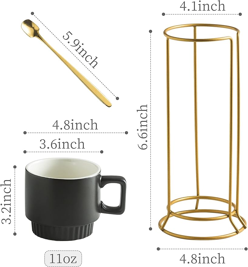 Miamolo Stackable Coffee Mugs with Stand, 11oz Ceramic Latte Cup Set of 4 for Espresso Cappuccino Tea Hot Cocoa, Dishwasher & Microwave Safe, Black
