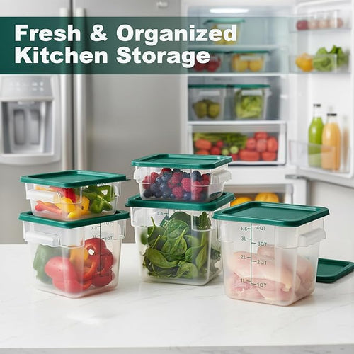 4 Pack 2QT & 4QT Food Storage Containers with Green Lids, Clear Square Restaurant Commercial Food Storage Containers with Handle and Scale, Marinating Container Dough Rising Bucket for Home & Dining