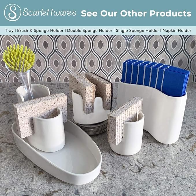 scarlettwares Kitchen Sink Caddy Dish Sponge Holder and Scrub Brush Dish Wand Holder Ceramic White Farmhouse Modern