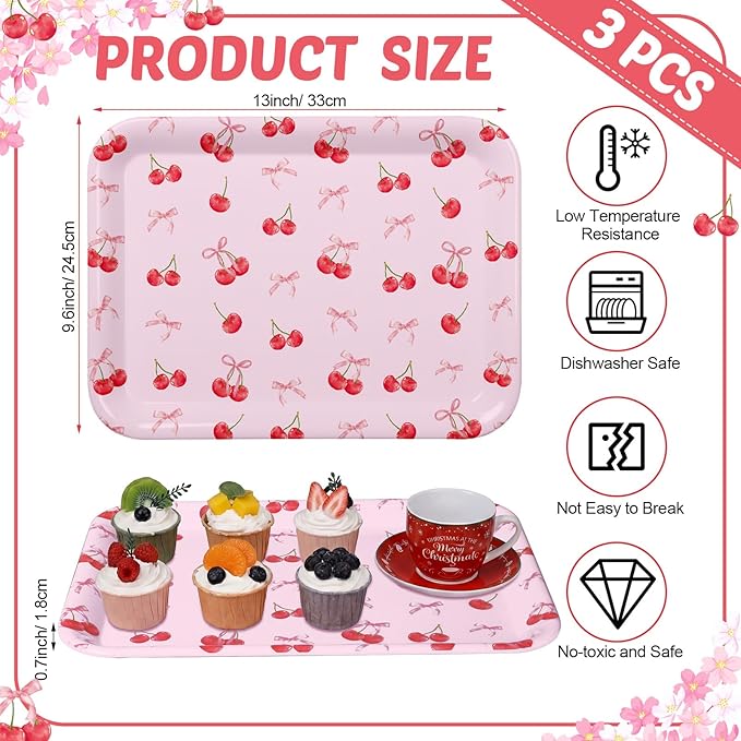 Vesici 3 Pcs Cherry Bow Serving Trays 13 x 10 Inch Pink Bow Cherry Melamine Platters Reusable Rectangular Serving Dishes for Coquette Wedding Baby Shower Birthday Party Sharing Snack Fruit Dessert