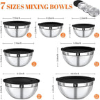 Mixing Bowls with Lids Set - 7 Nesting Mixing Bowls, 3 Graters, 11 Baking Tools, Airtight Lids, Stainless Steel Mixing Bowls for Mixing & Baking, Size 0.7/1.1/1.5/2.1/3.5/4/4.5 QT, Black